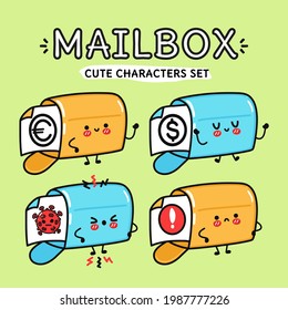 Funny cute happy mailbox characters bundle set. Vector kawaii line cartoon style illustration. Cute mailbox mascot character collection