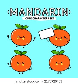 Funny cute happy mandarin characters bundle set. Vector hand drawn doodle style cartoon character illustration icon design. Isolated on blue background. Cute mandarin mascot character collection