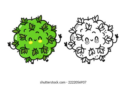 Funny Cute Happy Marijuana Weed Characters Bundle Set. Vector Hand Drawn Cartoon Kawaii Character Illustration Icon. Cute Marijuana Weed. Outline Cartoon Illustration Coloring Book