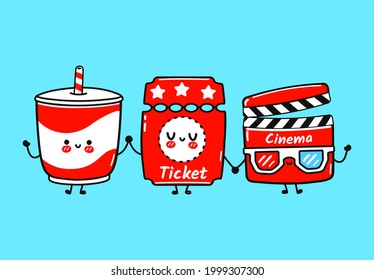 Funny cute happy movie clapper, lemonade, ticket characters bundle set. Vector kawaii line cartoon style illustration. Cute popcorn, movie clapper, lemonade, ticket  character collection