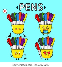 Funny cute happy Multi-colored pens characters bundle set. Vector hand drawn doodle style cartoon character illustration. Isolated on blue background. Multi-colored pens mascot character collection