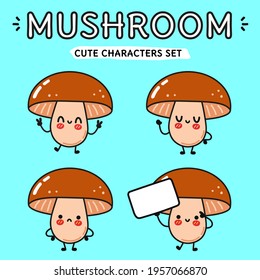 Funny cute happy Mushroom characters bundle set. Vector kawaii line cartoon style illustration. Cute Mushroom mascot character collection