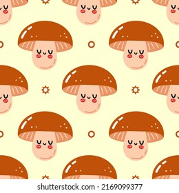 Funny cute happy mushroom pattern characters  Vector kawaii line cartoon style illustration  Happy cute mushroom pattern