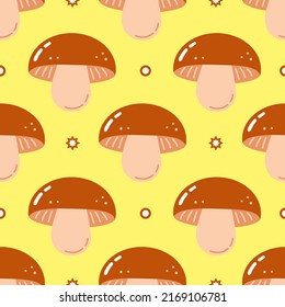Funny cute happy mushroom pattern characters. Vector kawaii line cartoon style illustration. Happy cute mushroom pattern