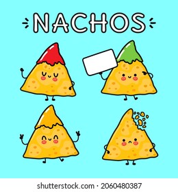 Funny cute happy nachos characters bundle set. Vector hand drawn doodle style cartoon character illustration icon design. Cute nachos mascot character collection