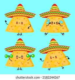 Funny cute happy nachos characters bundle set. Vector hand drawn doodle style cartoon character illustration icon design. Cute happy nachos mascot character collection