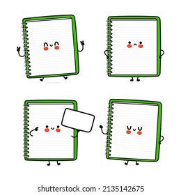 Funny cute happy note pad characters bundle set. Vector hand drawn doodle style cartoon character illustration icon design. Isolated on white background. Happy note pad mascot character collection