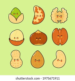 Funny cute happy Nuts characters bundle set. Vector kawaii line cartoon style illustration. Cute Nuts mascot character collection