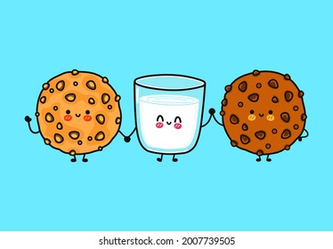 Funny cute happy oatmeal cookies, glass of milk and chocolate cookies characters bundle set. Vector kawaii line cartoon style illustration. Oatmeal cookies, glass of milk and chocolate cookies friends