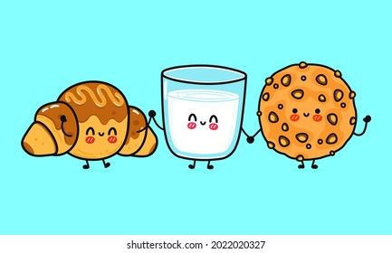 Funny cute happy oatmeal cookies, glass of milk and chocolate croissant characters set. Vector kawaii line cartoon style illustration. Oatmeal cookies, glass of milk and chocolate croissant friends co