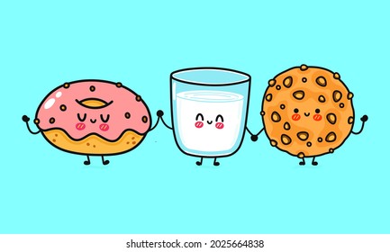 Funny cute happy oatmeal cookies, glass of milk and donut characters bundle set. Vector kawaii line cartoon style illustration. Oatmeal cookies, glass of milk and donut friends concept