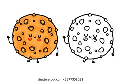 Funny cute happy Oatmeal cookies characters bundle set. Vector hand drawn cartoon kawaii character illustration icon. Cute Oatmeal cookies. Outline cartoon illustration for coloring book