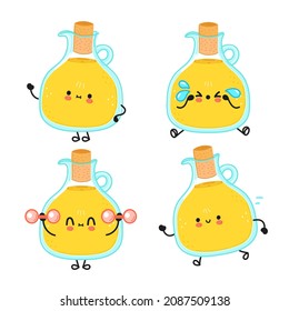 Funny cute happy olive oil characters bundle set. Vector kawaii line cartoon style illustration. Cute olive oil mascot character collection