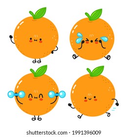 Funny lindo y feliz conjunto de caracteres naranja feliz. Ilustración de dibujos animados de la línea Vector kawaii. Colección de personajes de mascota de color naranja puro