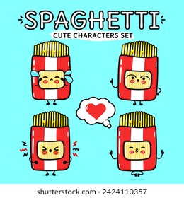 Funny lindo feliz paquete Spaghetti personajes conjunto. Diseño de iconos de ilustración de caricaturas con estilo de doodle dibujado a mano por vectores. Fondo azul aislado. Colección de mascotas de espagueti de paquete cutáneo