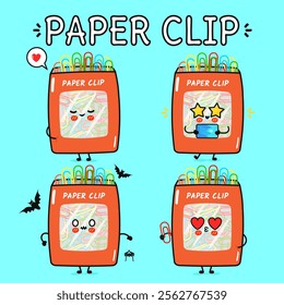 Funny cute happy Paper clip characters bundle set. Vector hand drawn doodle style cartoon character illustration. Isolated on blue background. Paper clip mascot character collection