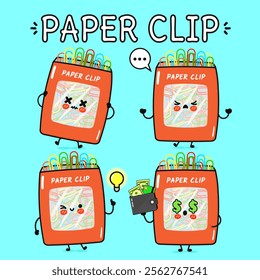 Funny cute happy Paper clip characters bundle set. Vector hand drawn doodle style cartoon character illustration. Isolated on blue background. Paper clip mascot character collection