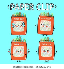 Funny cute happy Paper clip characters bundle set. Vector hand drawn doodle style cartoon character illustration. Isolated on blue background. Paper clip mascot character collection