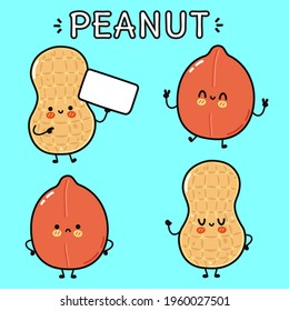 Funny lindo y feliz conjunto de caracteres de maní. Ilustración de dibujos animados de la línea Vector kawaii. Colección de caracteres de mascota de cacahuetes