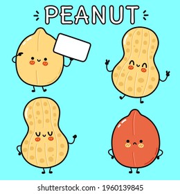 Funny cute happy Peanut characters bundle set. Vector kawaii line cartoon style illustration. Cute Peanut mascot character collection