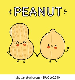 Funny cute happy Peanut nut characters bundle set. Vector kawaii line cartoon style illustration. Cute Peanut nut,shell,healthy food,nutrition mascot character collection set. Funny cute,kids,baby set