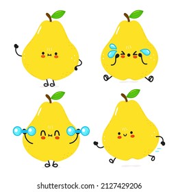 Funny cute happy pear characters bundle set. Vector hand drawn doodle style cartoon character illustration icon design. Cute pear mascot character collection emoji,child,baby,face,adorable,kids