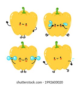 Funny cute happy pepper characters bundle set. Vector kawaii line cartoon style illustration. Cute pepper mascot character collection