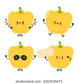Funny cute happy pepper characters bundle set. Vector kawaii line cartoon style illustration. Cute pepper mascot character collection