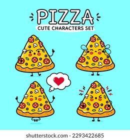 Funny cute happy piece of pizza characters bundle set. Vector hand drawn doodle style cartoon character illustration icon design. Isolated on blue background. Piece of pizza mascot character