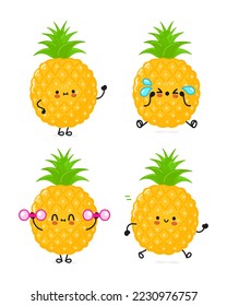 Funny cute happy pineapple characters bundle set. Vector hand drawn doodle style cartoon character illustration icon design. Isolated on white background Cute pineapple mascot character collection