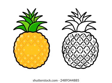 Lustige süße glückliche Ananas Figuren Paket Set. Vektorgrafik Handgezeichnete Cartoon Kawaii Zeichen Illustration Ikone. Süße Ananas. Umriss Cartoon Illustration Malbuch