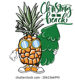Funny cute happy pineapple with a Christmas tree in hands. Concept: tropical fruits celebrate New Year, Christmas on the beach. Cartoon character kawaii vector flat icon illustration.