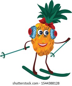 Funny cute happy pineapple in headphones skiing.
Concept: Tropical fruits celebrate New Year, Christmas.
Cartoon character kawaii vector illustration flat icon. Isolated image