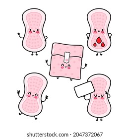 Funny cute happy pink menstrual pad characters bundle set. Vector hand drawn doodle style cartoon character illustration icon design. Sanitary towel from cotton cloth. 