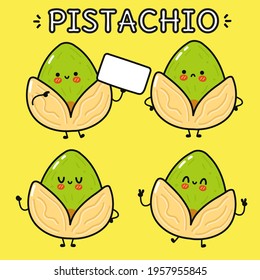 Funny cute happy pistachio characters bundle set. Vector kawaii line cartoon style illustration. Cute pistachio mascot character collection