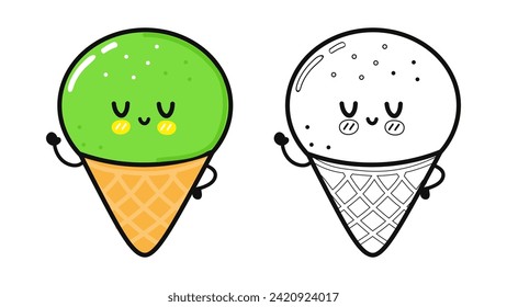 Funny cute happy Pistachio ice cream characters bundle set. Vector hand drawn cartoon kawaii character illustration icon. Cute Pistachio ice cream. Outline cartoon illustration for coloring book