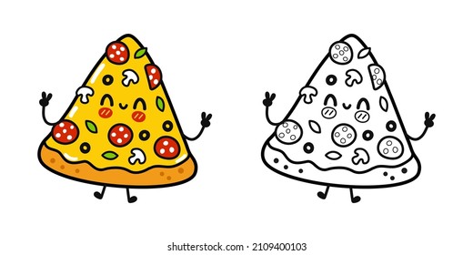 Divertido juego de paquetes de personajes de pizza alegre y lindo. Ilustración de dibujos animados de la línea Vector kawaii. Colección de personajes de la mascota de la pizza feliz, ilustración de la caricatura de contorno para el libro de colores