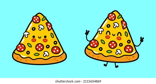 Divertido juego de paquetes de personajes de pizza alegre y lindo. Ilustración de dibujos animados de la línea Vector kawaii. Emoji de pizza, niño, bebé, cara, adorable, niños, queso, comida, comer, colección de personajes de mascota