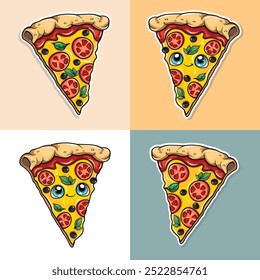 Funny cute happy pizza characters bundle set. Sticker. Vector kawaii line cartoon style illustration. Cute pizza mascot character collection
