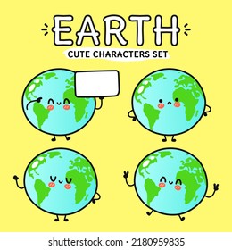 Funny cute happy planet Earth characters bundle set. Vector hand drawn doodle style cartoon character illustration icon design. Isolated on yellow background. Cute planet Earth mascot character