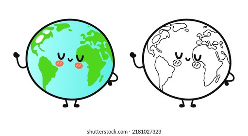 Funny cute happy planet Earth characters bundle set. Vector hand drawn cartoon kawaii character illustration icon. Cute planet Earth. Outline cartoon illustration coloring book