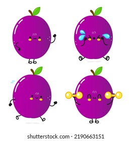 Funny cute happy plum characters bundle set. Vector hand drawn doodle style cartoon character illustration icon design. Cute happy plum mascot character collection