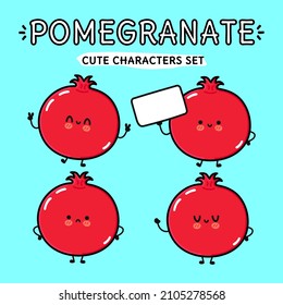 Funny cute happy pomegranate fruit characters bundle set. Vector hand drawn doodle style cartoon character illustration icon design. Isolated on blue background. Fun pomegranate mascot character