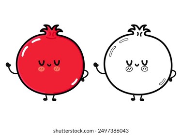 Conjunto de Paquete de personajes de fruta de granada feliz lindo divertido. Icono de ilustración de personaje kawaii de dibujos animados dibujado a mano de Vector. Linda fruta de granada. Ilustración de dibujos animados para colorear libro