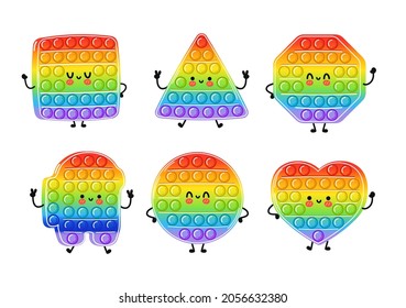 Funny cute happy Pop it characters bundle set. Vector kawaii line cartoon style illustration. Cute popit mascot character collection