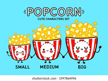 Funny lindo y feliz conjunto de personajes de palomitas. Ilustración de dibujos animados de la línea Vector kawaii. Colección de caracteres de mascota de palomitas de maíz cúrcuta