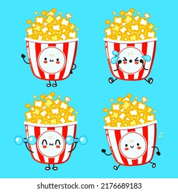 Funny cute happy popcorn characters bundle set. Vector hand drawn doodle style cartoon character illustration icon design. Cute happy popcorn mascot character collection