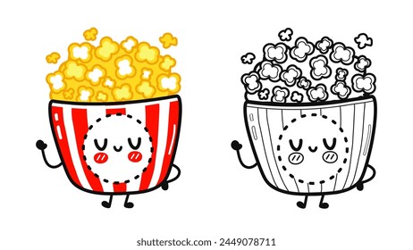 Funny cute happy Popcorn characters bundle set. Vector hand drawn cartoon kawaii character illustration icon. Cute Popcorn. Outline cartoon illustration coloring book