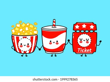 Funny cute happy popcorn,  lemonade, ticket characters bundle set. Vector kawaii line cartoon style illustration. Cute popcorn, lemonade, ticket  character collection