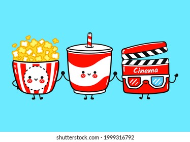 Funny cute happy popcorn, lemonade, movie clapper, characters bundle set. Vector kawaii line cartoon style illustration. Cute popcorn, lemonade, movie clapper,  character collection